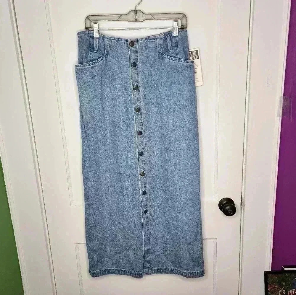Vintage Bill Blass Denim Jean Skirt Size 10 Full Button Long Maxi Modest Y2K NEW